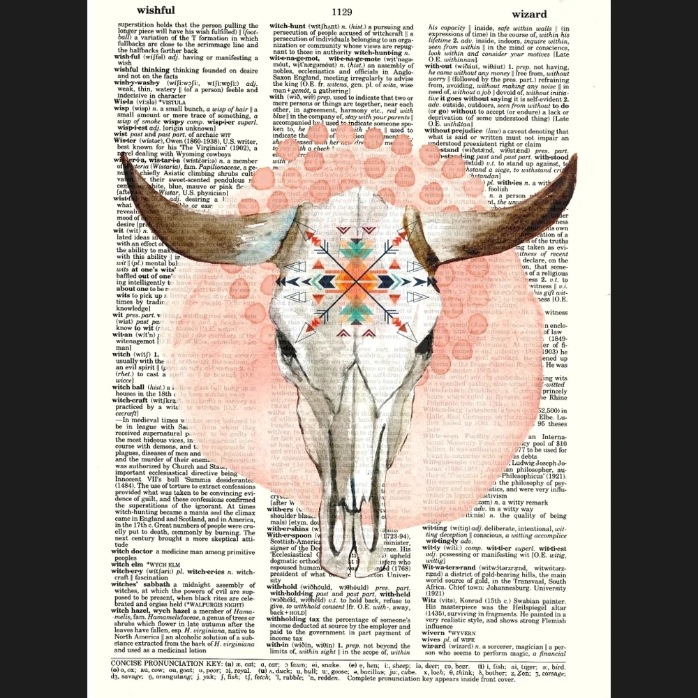 Sweet Pink Bohemian Skull Dictionary Art Print